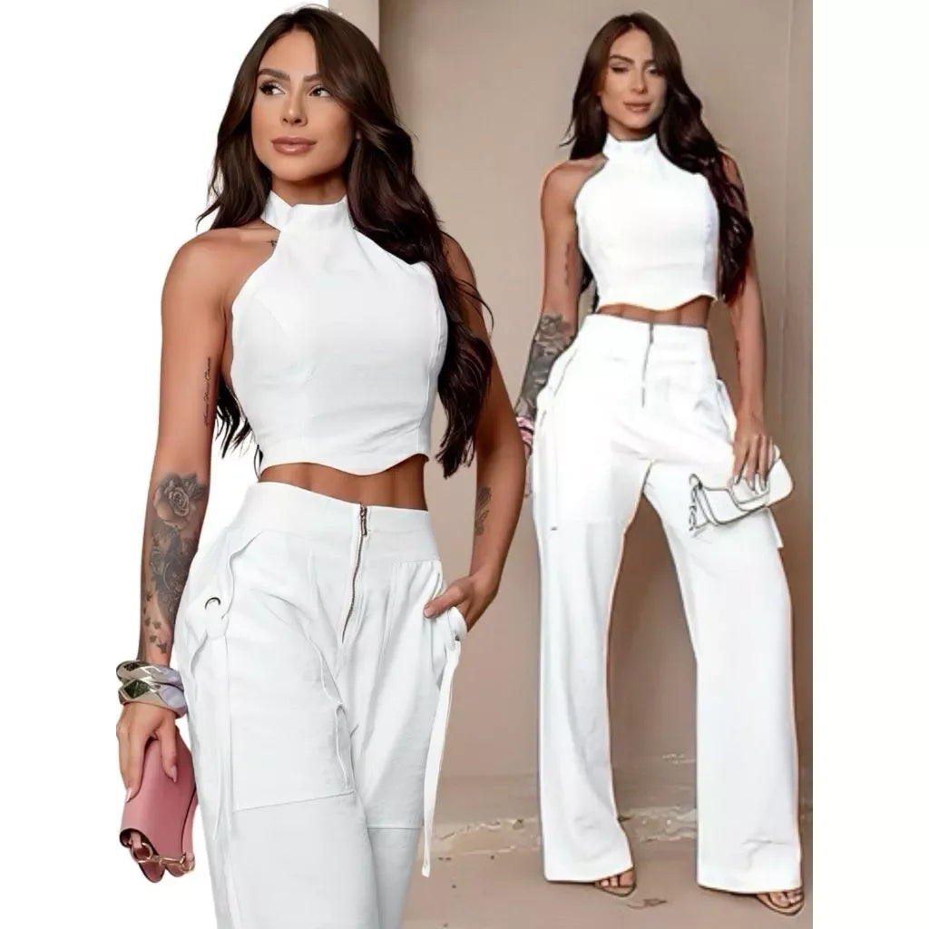 Conjunto Alfaiataria Feminino Cropped Calça Pantalona Longo Bojo