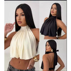 Blusa Cropped Top Gola Alta Plissado Soltinho C/ Amarração nas costas