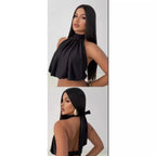 Blusa Cropped Top Gola Alta Plissado Soltinho C/ Amarração nas costas