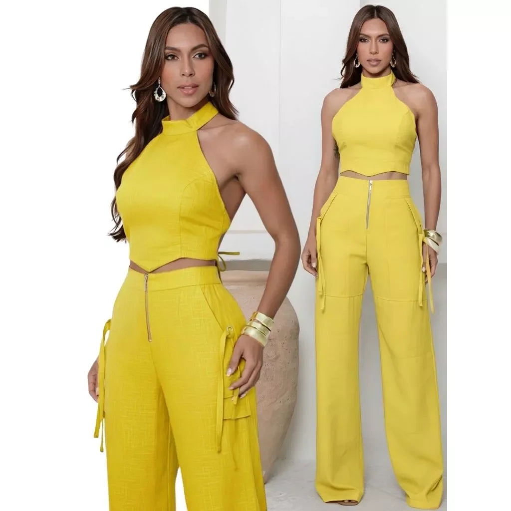 Conjunto Alfaiataria Feminino Cropped Calça Pantalona Longo Bojo