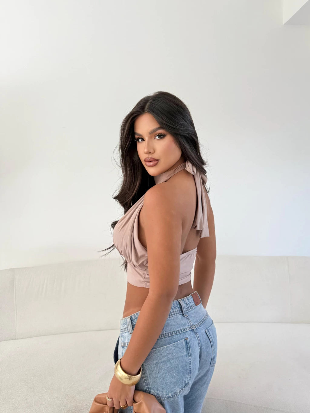 Cropped Feminino Balone Chique Com Bojo E Costas Abertas Amarrar Pescoço Com Elastico