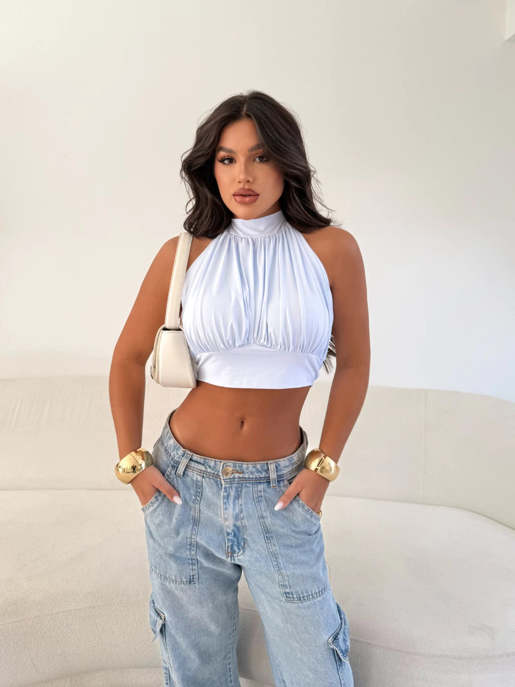 Cropped Feminino Balone Chique Com Bojo E Costas Abertas Amarrar Pescoço Com Elastico