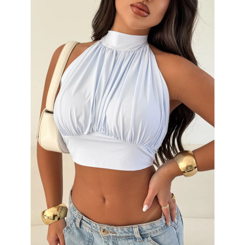 Cropped Feminino Balone Chique Com Bojo E Costas Abertas Amarrar Pescoço Com Elastico