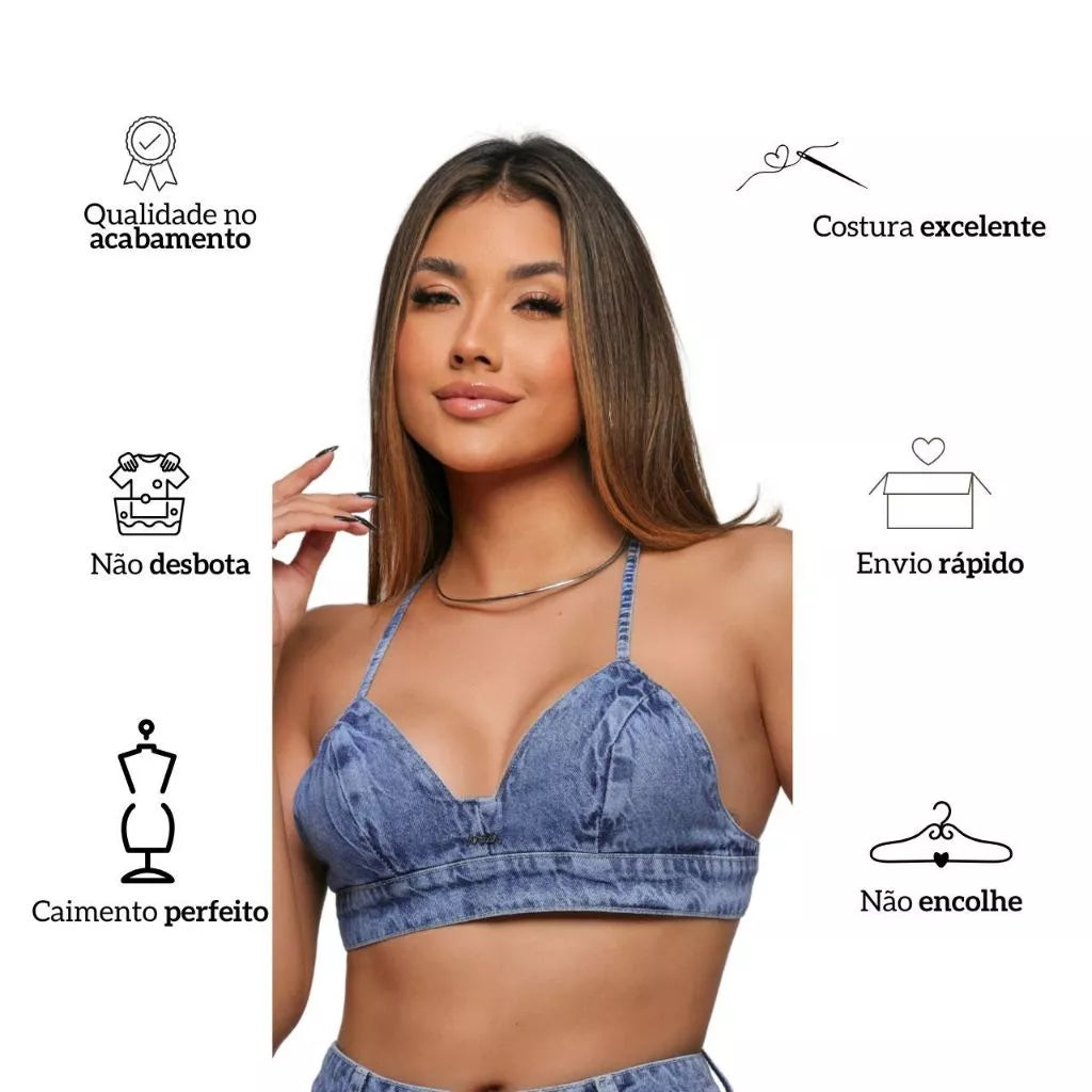Cropped Top Jeans Marmorizado  Ajustável Viés Alcinha Veste Bem Blogueira