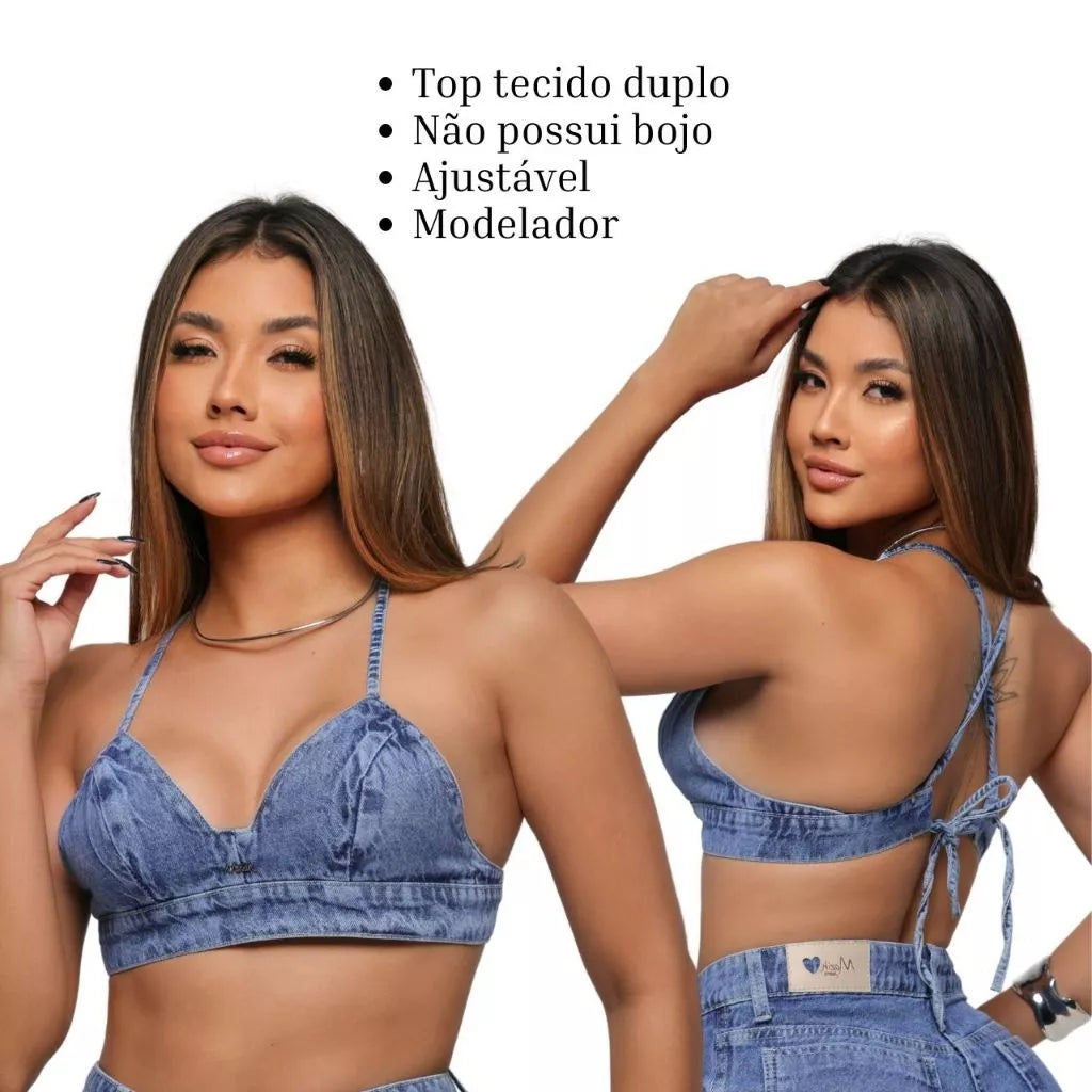 Cropped Top Jeans Marmorizado  Ajustável Viés Alcinha Veste Bem Blogueira