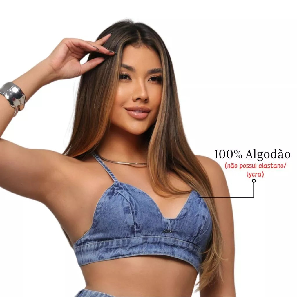 Cropped Top Jeans Marmorizado  Ajustável Viés Alcinha Veste Bem Blogueira