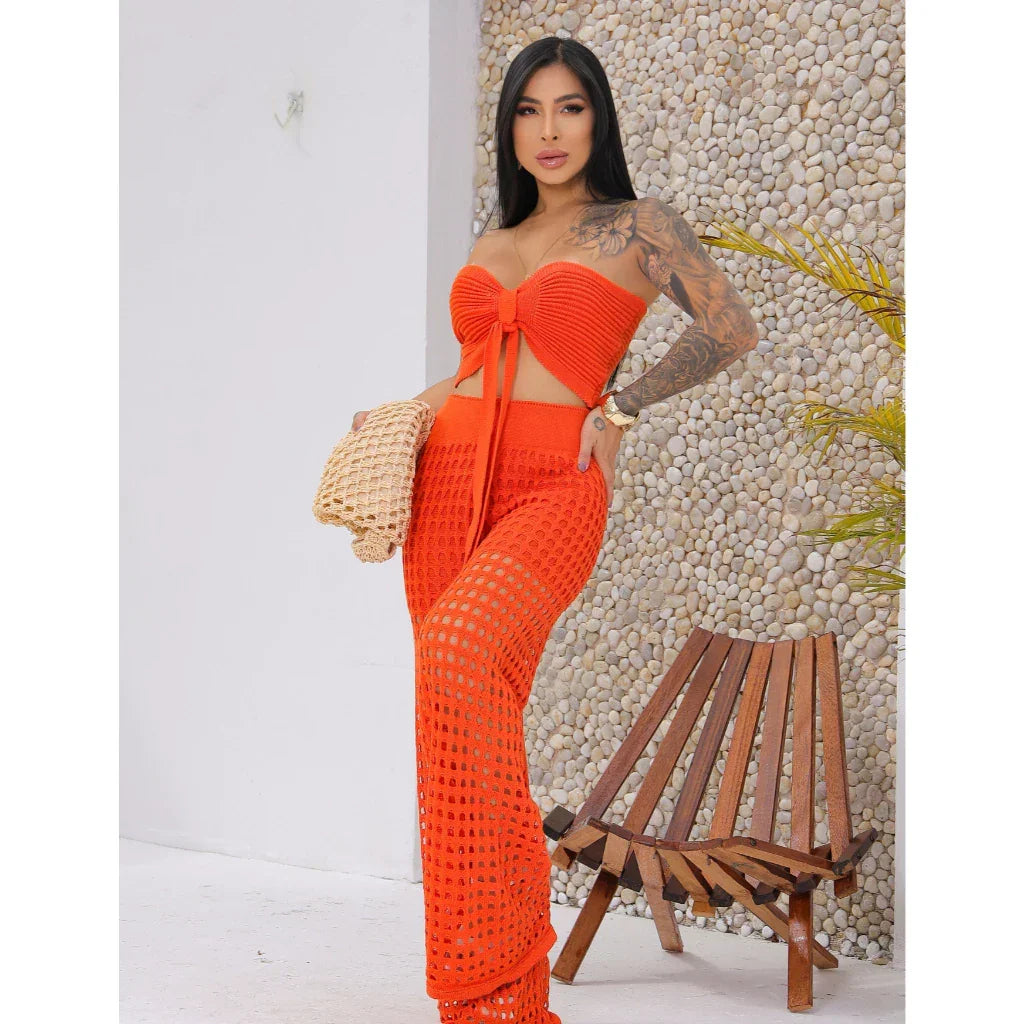 Conjunto Feminino Tricot Calça e Cropped Crochê Moda Tendencia