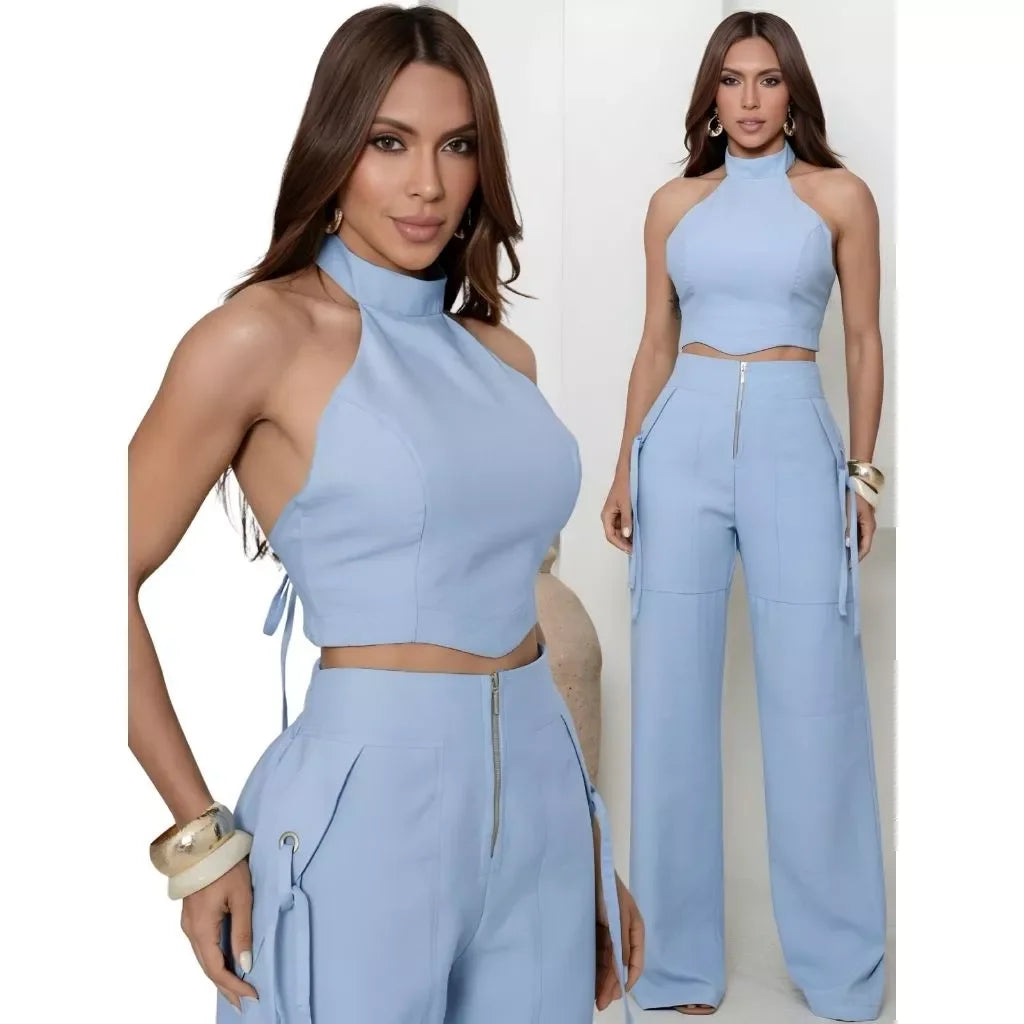 Conjunto Alfaiataria Feminino Cropped Calça Pantalona Longo Bojo