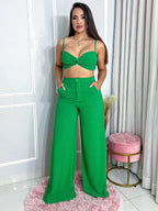 Conjunto Calça Pantalona com Bolso, Cintura Alta e Cropped Alça - Conjunto Dunas