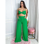 Conjunto Calça Pantalona com Bolso, Cintura Alta e Cropped Alça - Conjunto Dunas