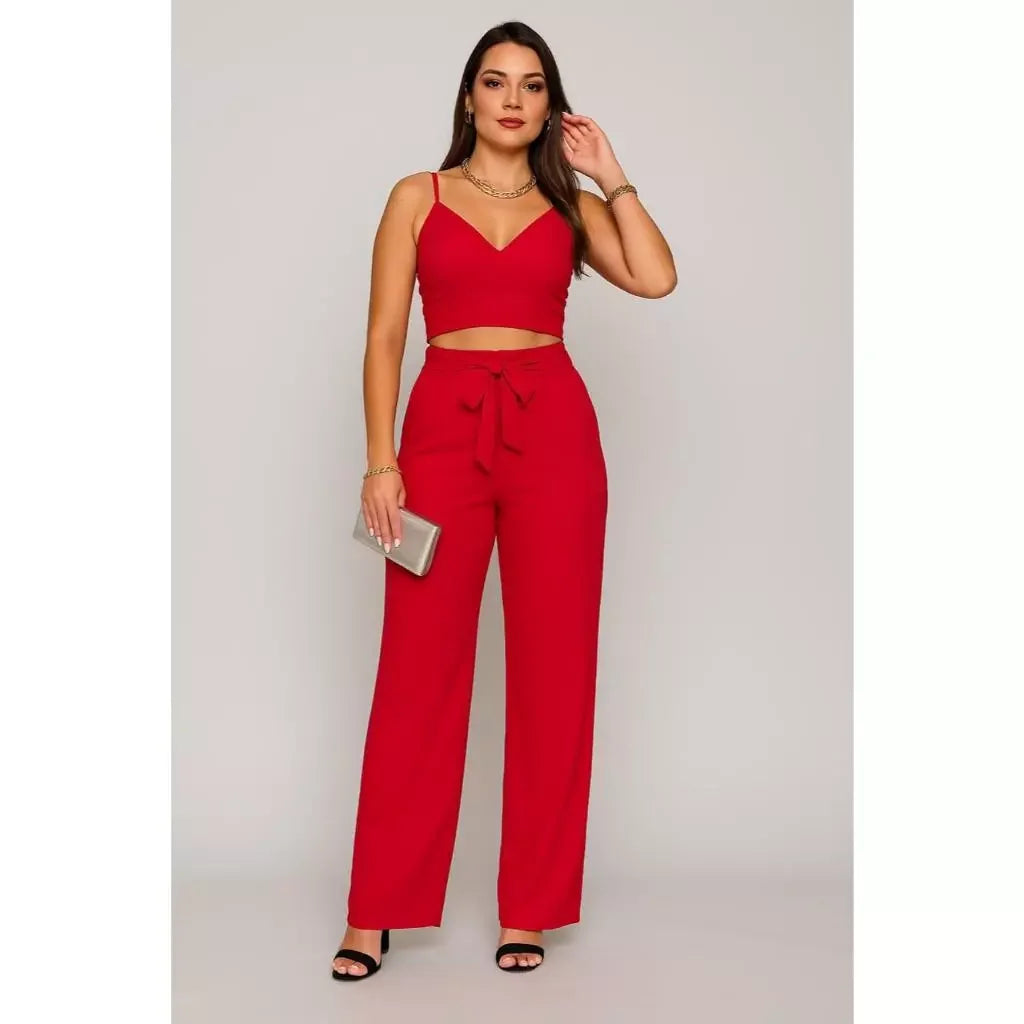 Conjunto Feminino Calça Pantalona e Cropped Com Bojo Alça Regulagem cropped e calça cores outono inverno