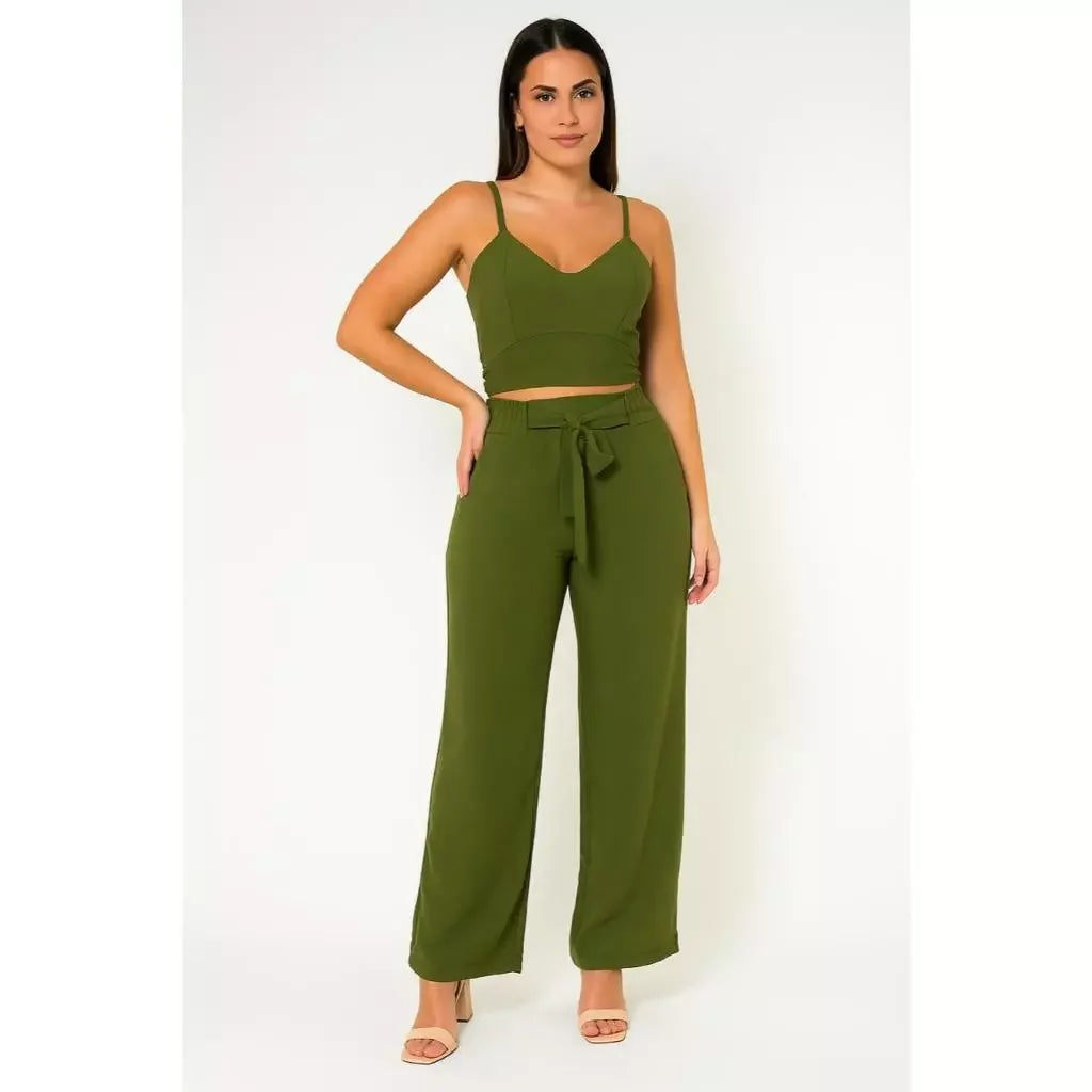 Conjunto Feminino Calça Pantalona e Cropped Com Bojo Alça Regulagem cropped e calça cores outono inverno