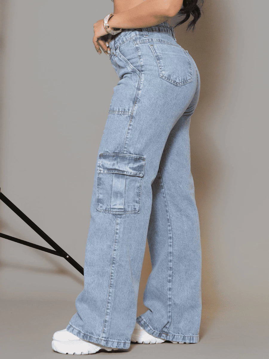 Calça Cargo Jeans Feminina Wide Leg Cintura Alta Pantalona Marmorizada Bolso Carpinteiro 100% Aldodão com 4 Bolsos