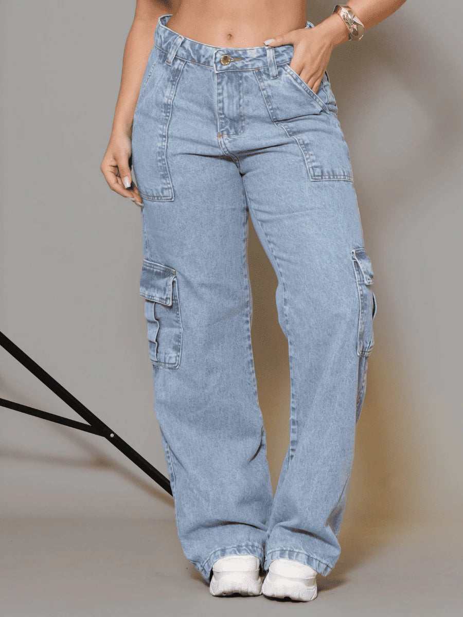 Calça Cargo Jeans Feminina Wide Leg Cintura Alta Pantalona Marmorizada Bolso Carpinteiro 100% Aldodão com 4 Bolsos