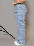 Calça Cargo Jeans Feminina Wide Leg Cintura Alta Pantalona Marmorizada Bolso Carpinteiro 100% Aldodão com 4 Bolsos
