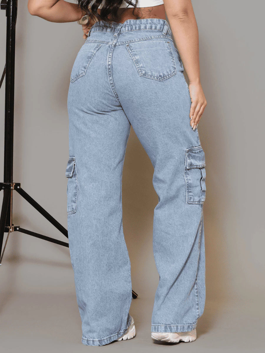 Calça Cargo Jeans Feminina Wide Leg Cintura Alta Pantalona Marmorizada Bolso Carpinteiro 100% Aldodão com 4 Bolsos