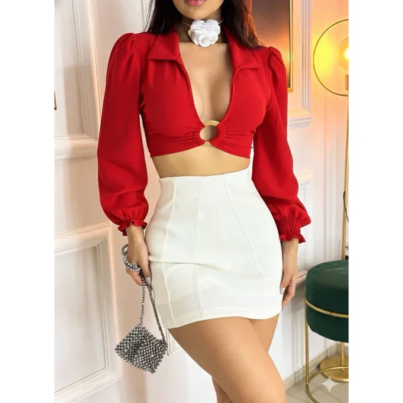 Cropped social feminino Anynha Detalhe Frente de argola manga longa princesa gola social elegante Verão Carnaval