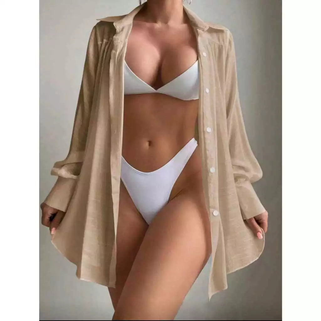 Chamise Feminina Saída de Praia Max Camisa com Botão Manga Longa Blusão Plus Size Kimono Moda Verão