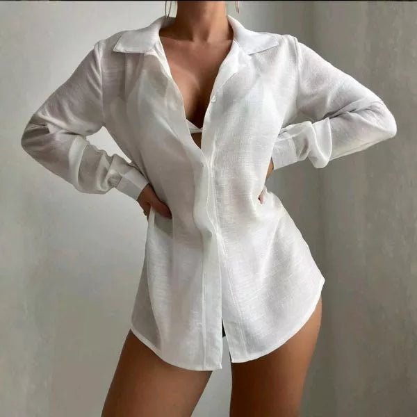 Chamise Feminina Saída de Praia Max Camisa com Botão Manga Longa Blusão Plus Size Kimono Moda Verão