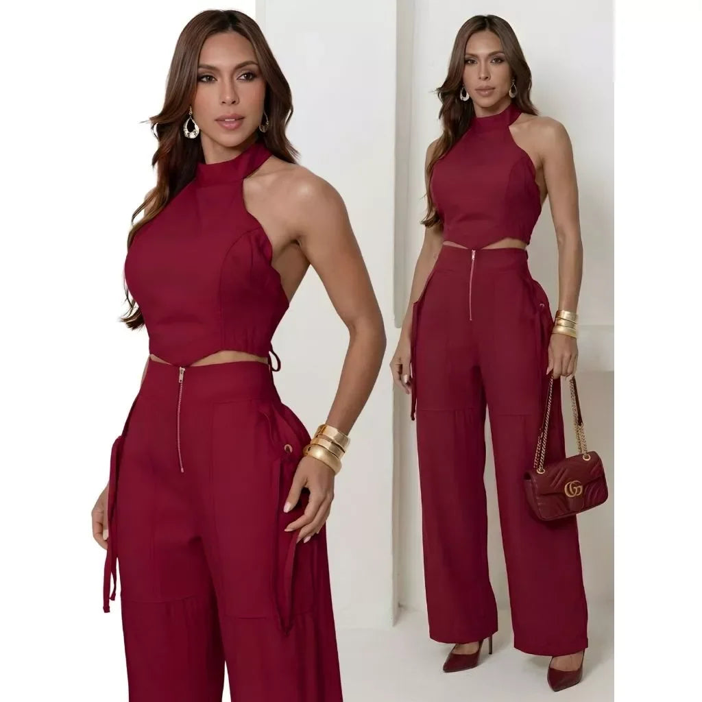 Conjunto Alfaiataria Feminino Cropped Calça Pantalona Longo Bojo