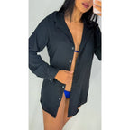 Chamise Feminina Saída de Praia Max Camisa com Botão Manga Longa Blusão Plus Size Kimono Moda Verão