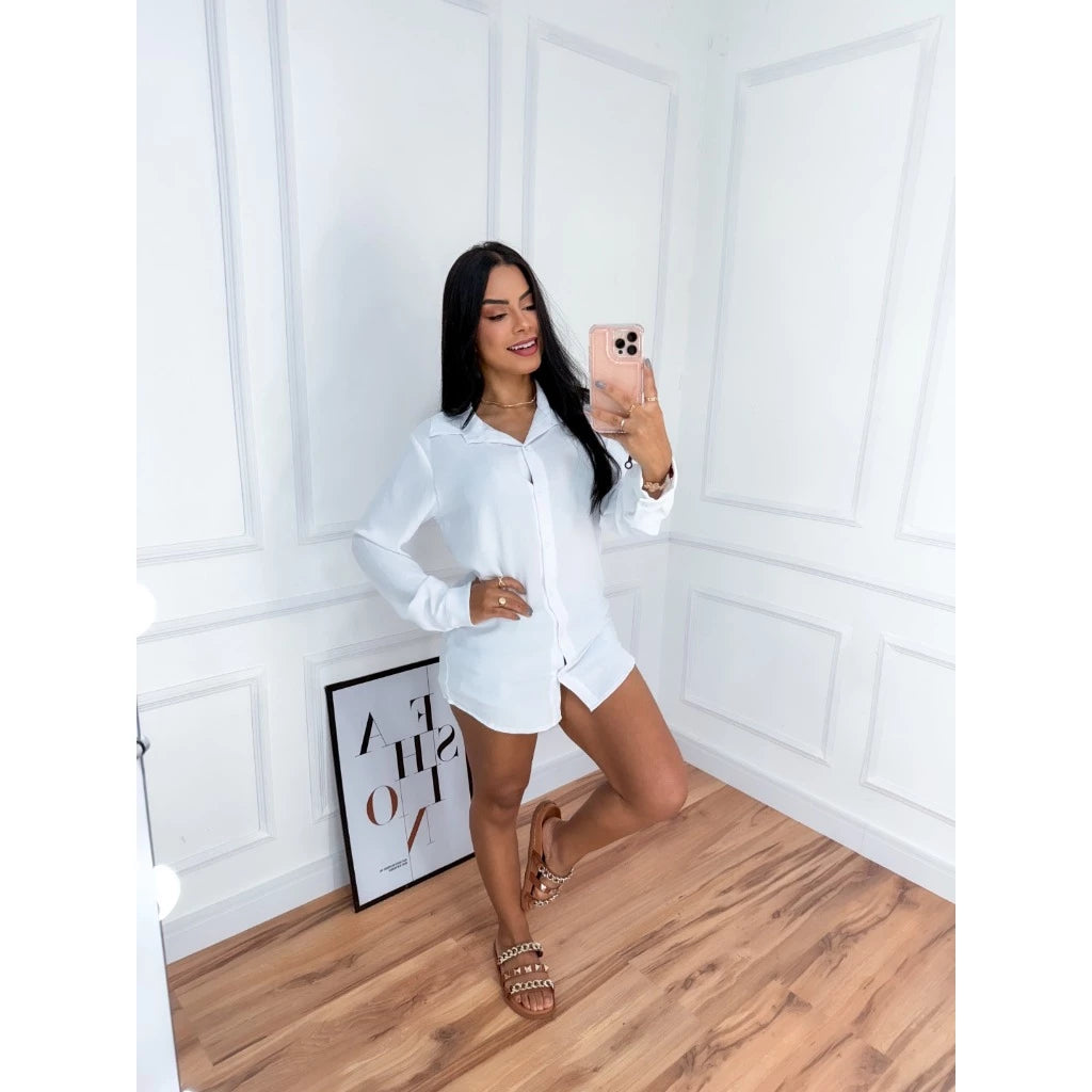 Chamise Feminina Saída de Praia Max Camisa com Botão Manga Longa Blusão Plus Size Kimono Moda Verão