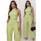 Conjunto Alfaiataria Feminino Cropped Calça Pantalona Longo Bojo