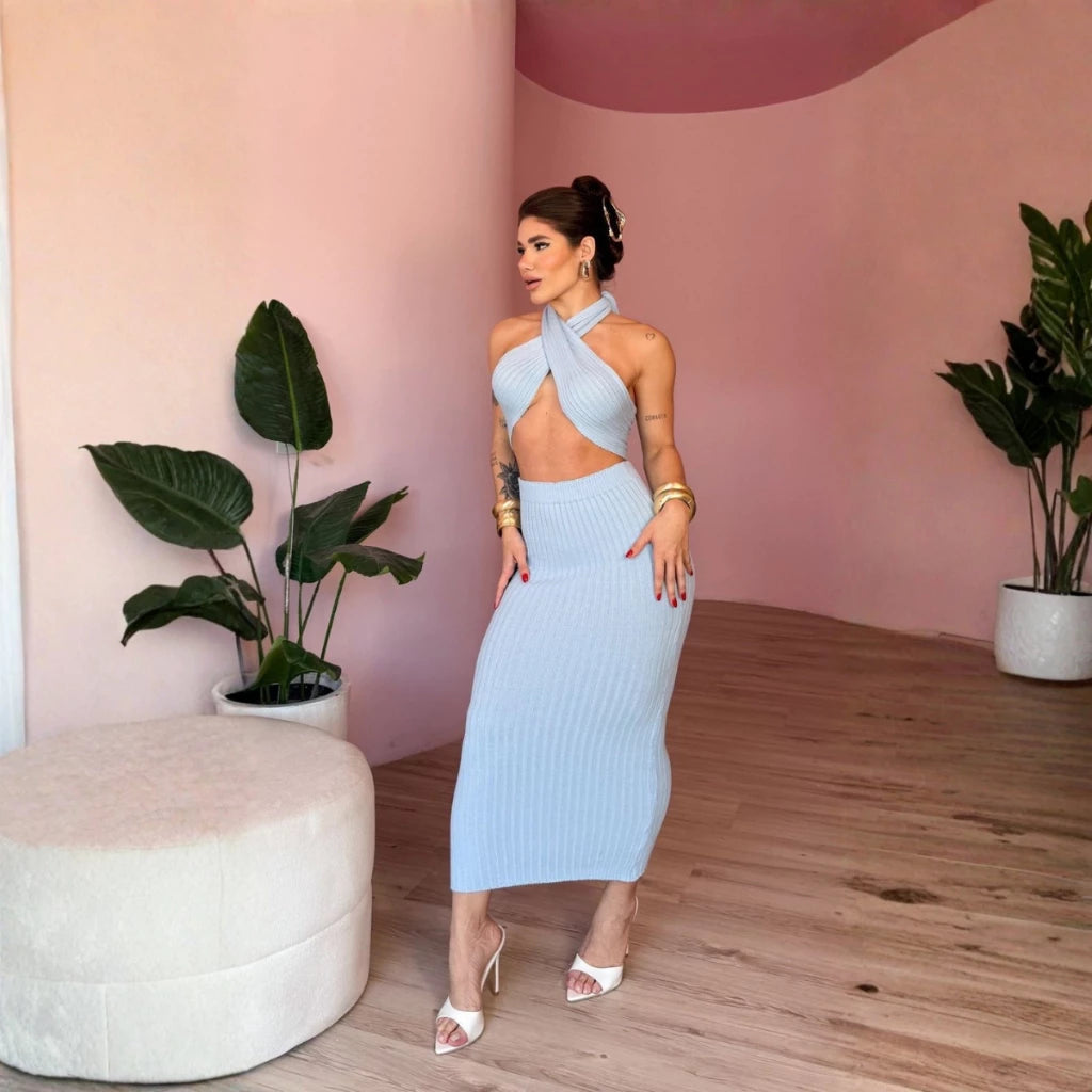 Conjunto Feminino Tricot Premium Modal Top + Saia Verão Tendência