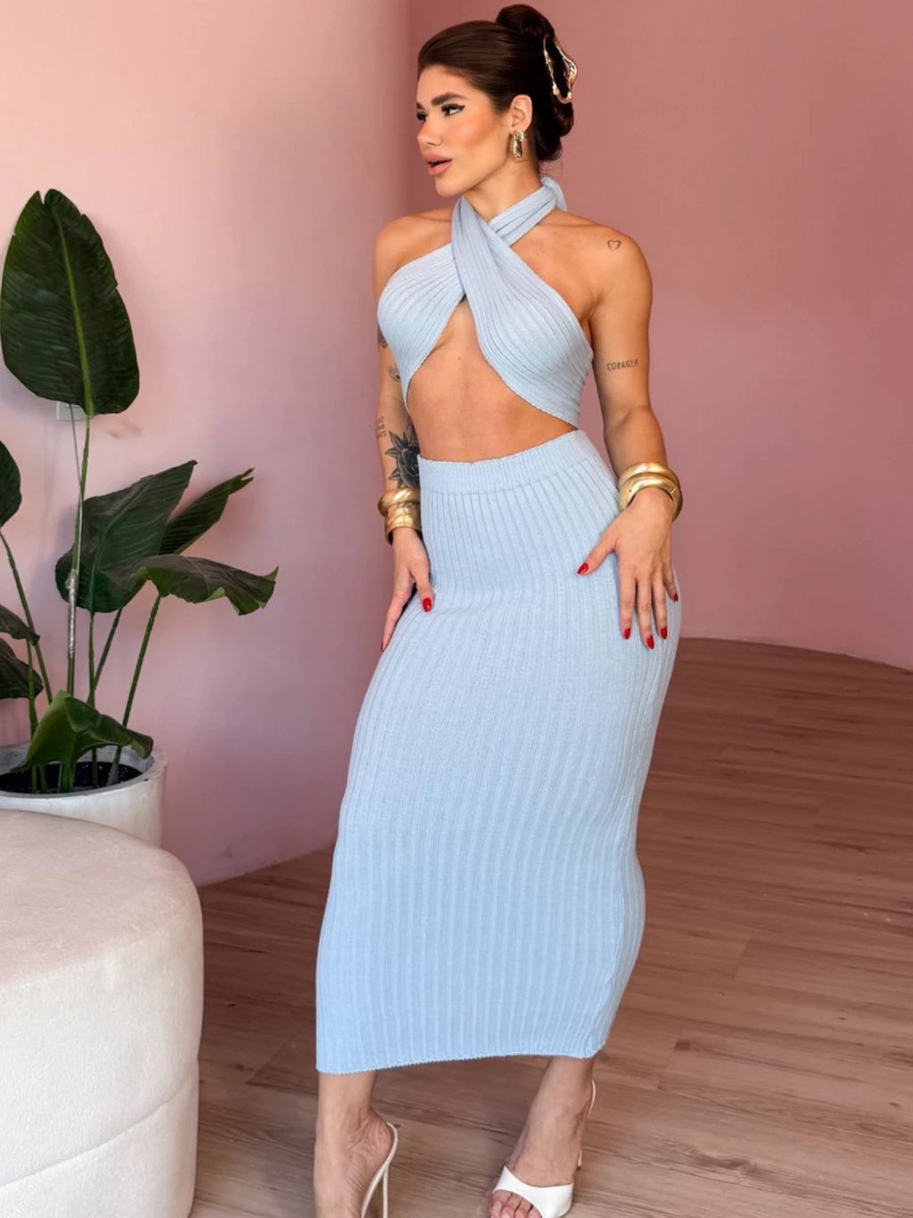 Conjunto Feminino Tricot Premium Modal Top + Saia Verão Tendência