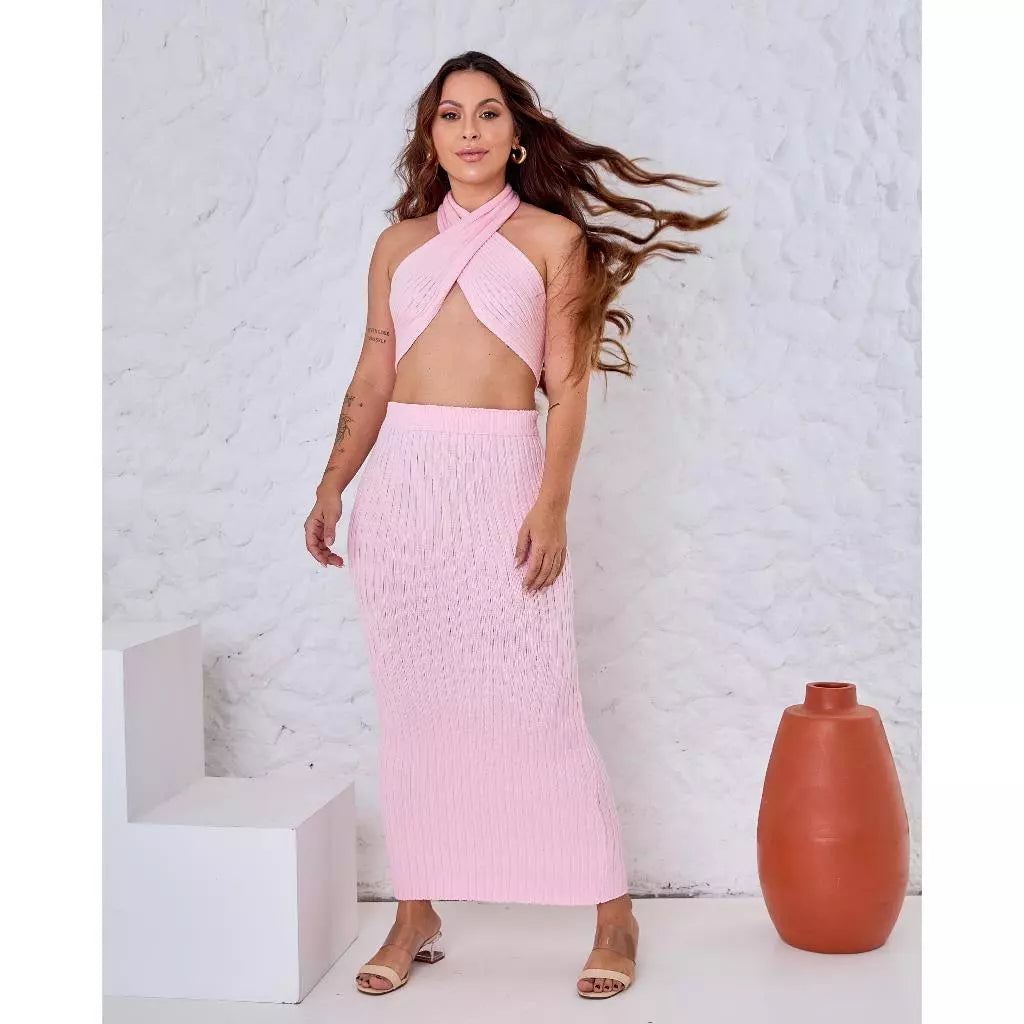 Conjunto Feminino Tricot Premium Modal Top + Saia Verão Tendência