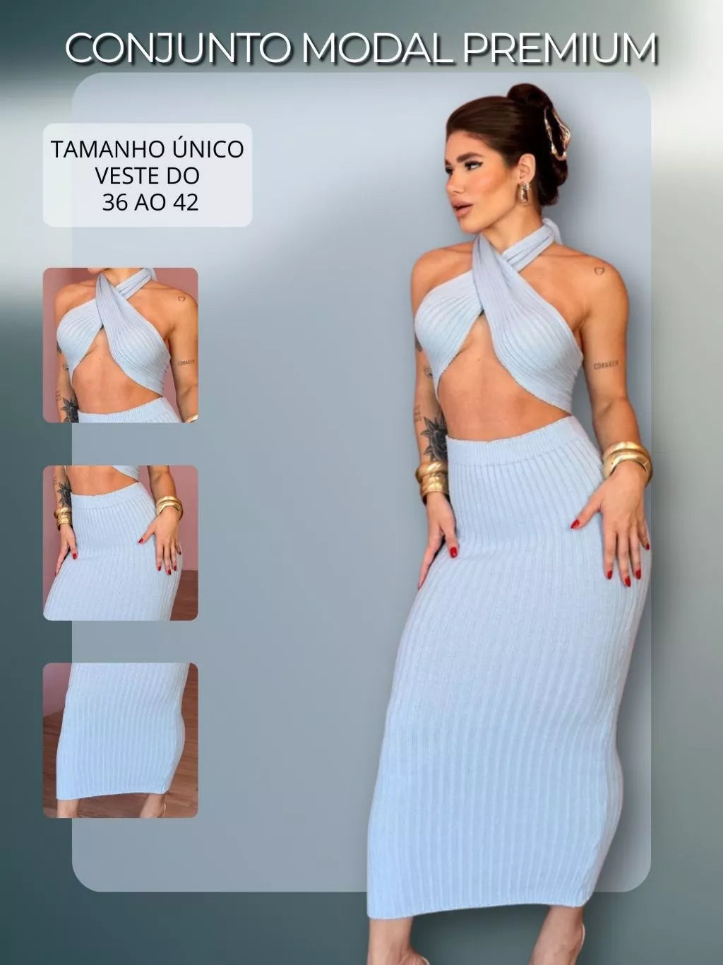 Conjunto Feminino Tricot Premium Modal Top + Saia Verão Tendência