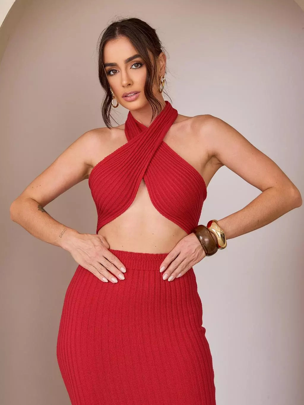 Conjunto Feminino Tricot Premium Modal Top + Saia Verão Tendência