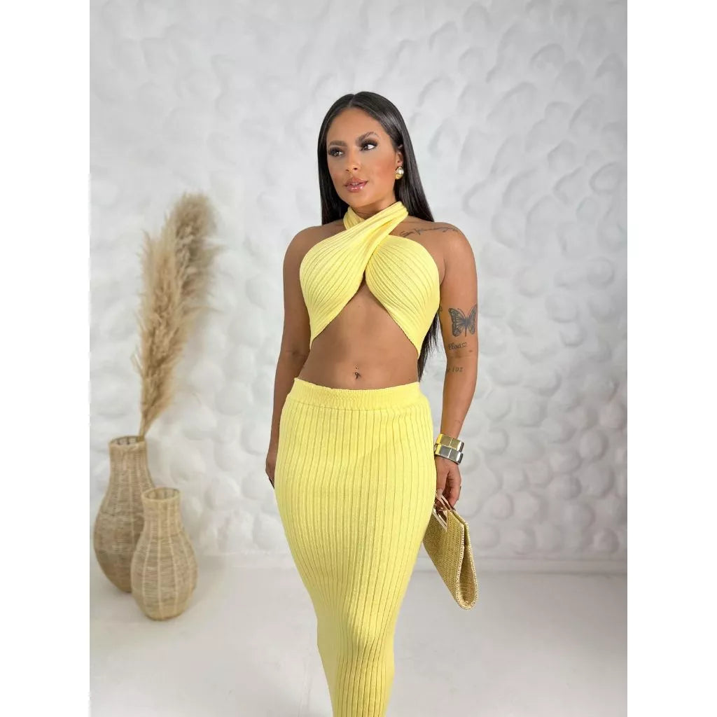 Conjunto Feminino Tricot Premium Modal Top + Saia Verão Tendência