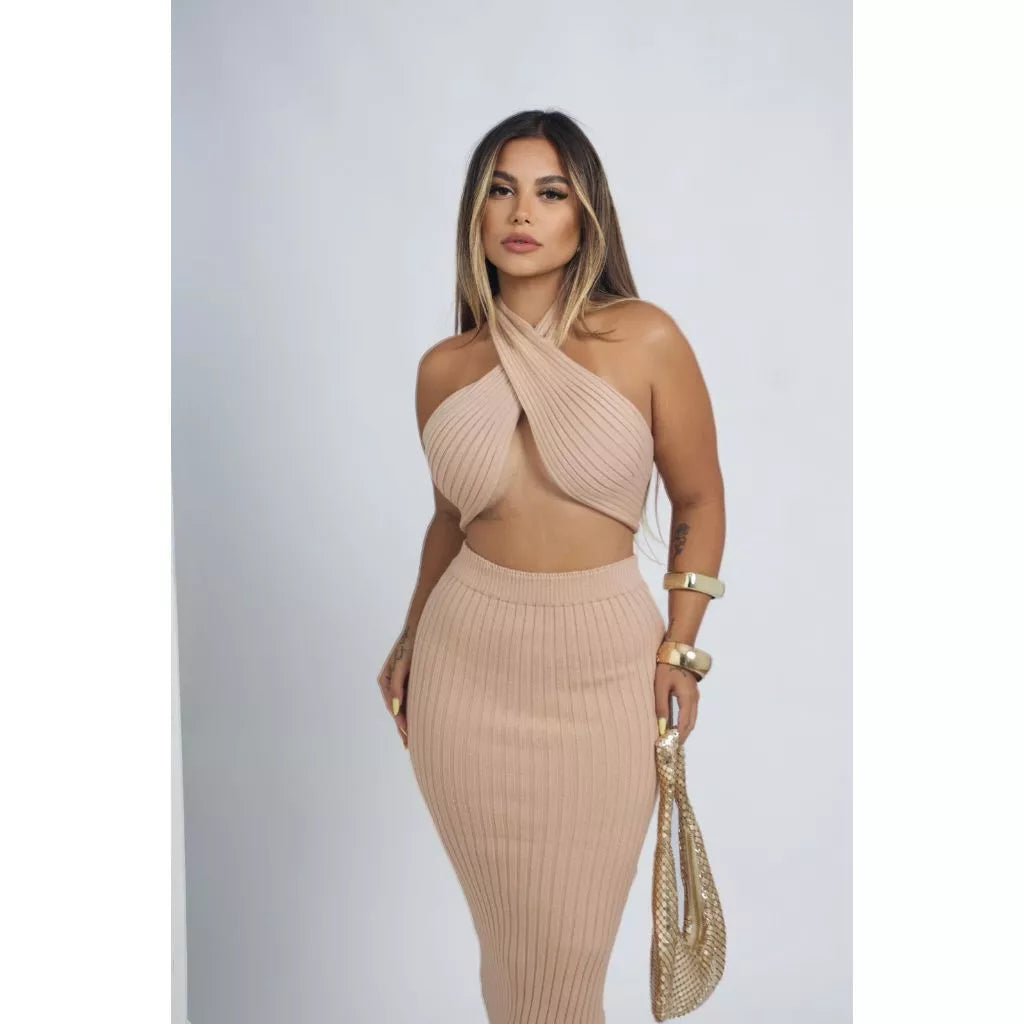 Conjunto Feminino Tricot Premium Modal Top + Saia Verão Tendência