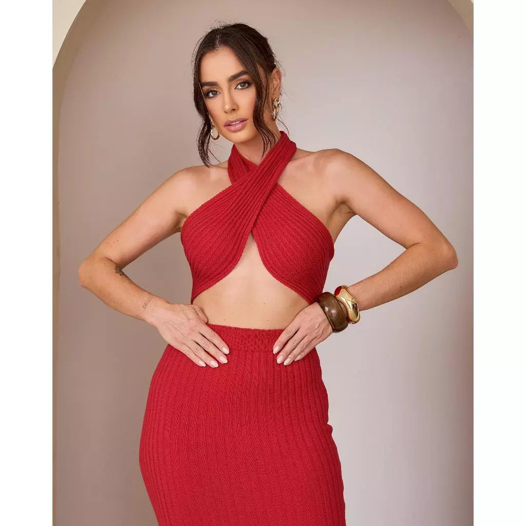 Conjunto Feminino Tricot Premium Modal Top + Saia Verão Tendência