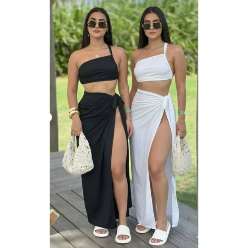 Conjunto saia midi praia Saia com fenda profunda Saída de praia Luxo Look Praia conjunto cropped com saia longa praia