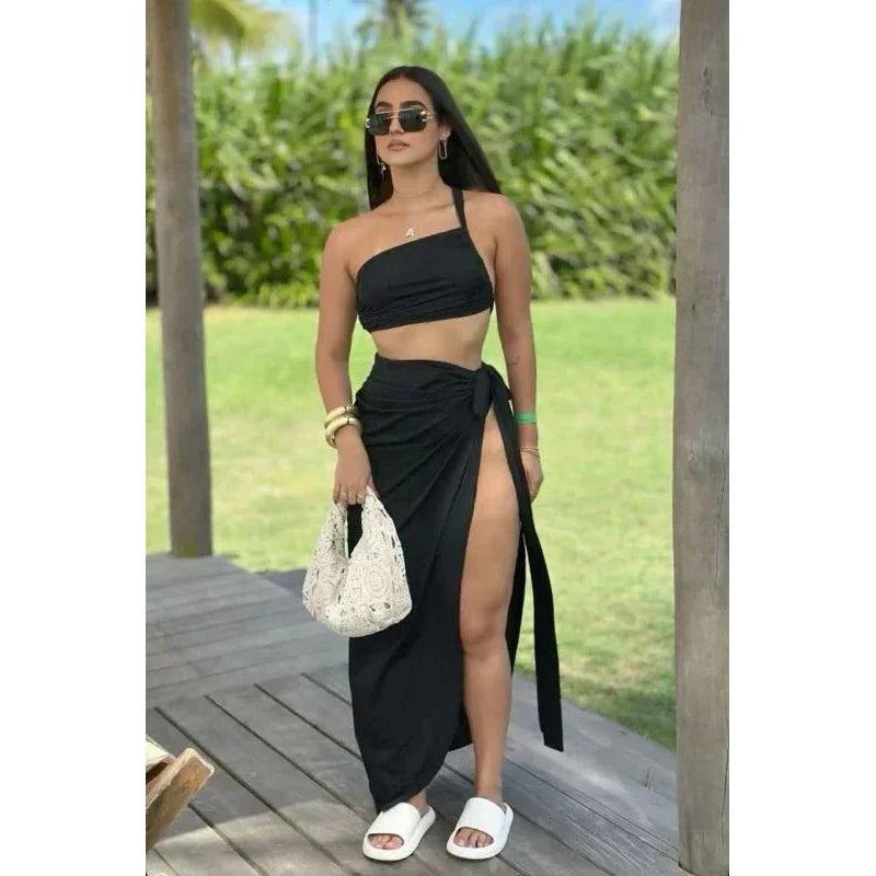 Conjunto saia midi praia Saia com fenda profunda Saída de praia Luxo Look Praia conjunto cropped com saia longa praia