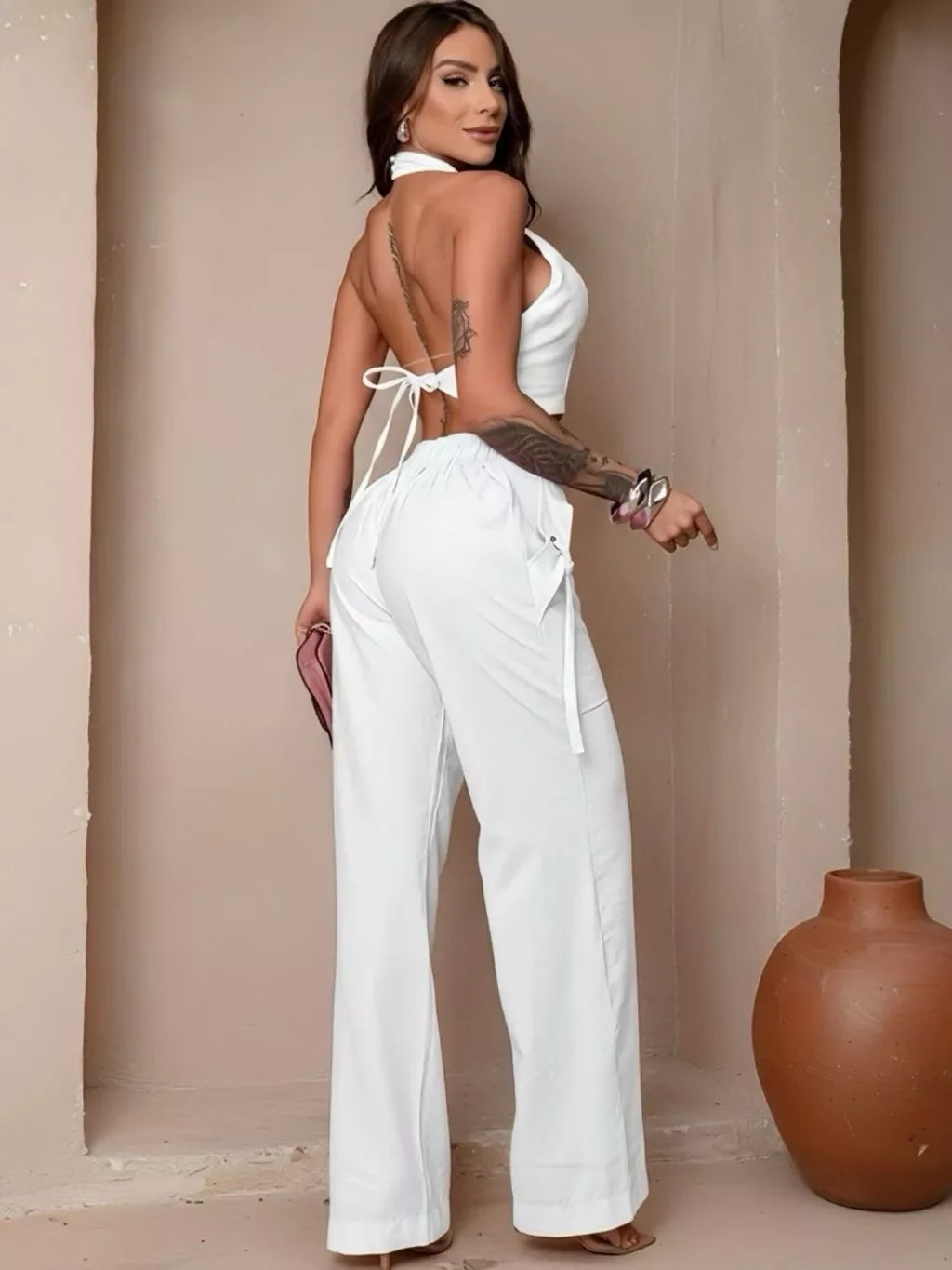 Conjunto Alfaiataria Feminino Cropped Calça Pantalona Longo Bojo