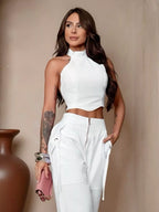 Conjunto Alfaiataria Feminino Cropped Calça Pantalona Longo Bojo