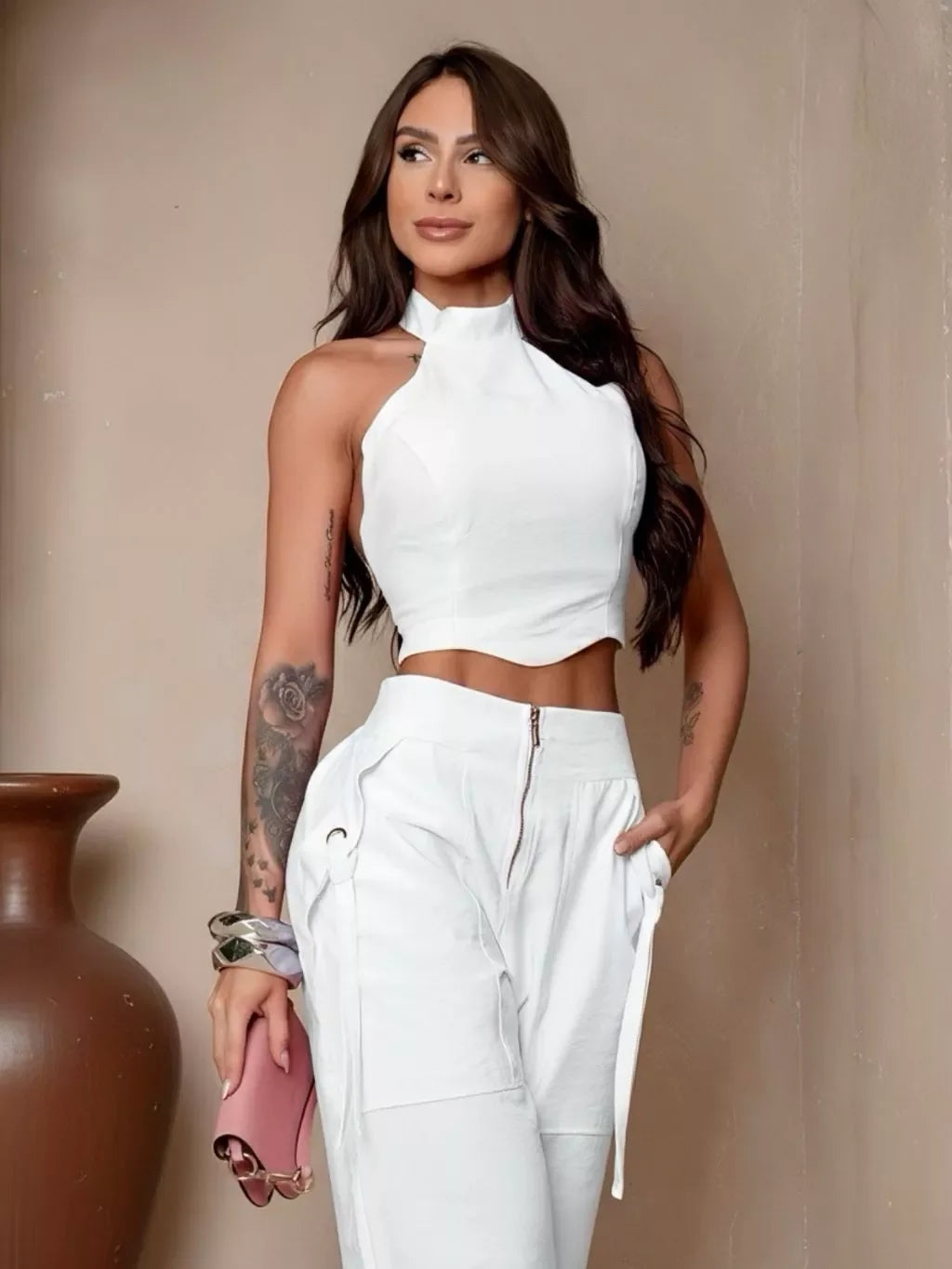 Conjunto Alfaiataria Feminino Cropped Calça Pantalona Longo Bojo