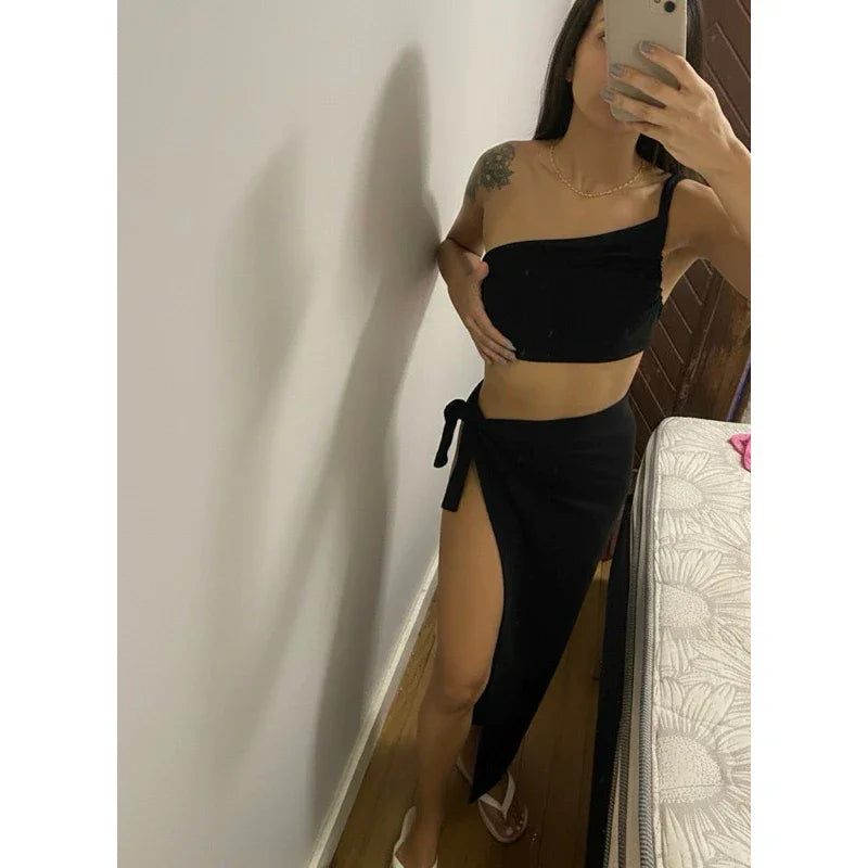 Conjunto saia midi praia Saia com fenda profunda Saída de praia Luxo Look Praia conjunto cropped com saia longa praia