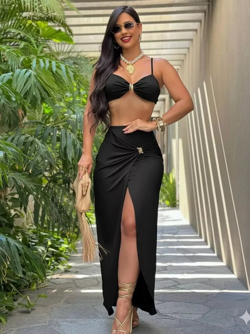 Conjunto Top Alcinha - Saia Midi - Fenda Lateral - Ferragem Dourada | Blogueira | Sensual - Moderno.