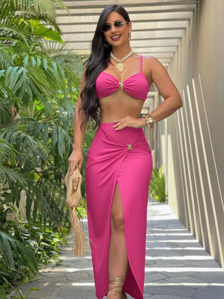 Conjunto Top Alcinha - Saia Midi - Fenda Lateral - Ferragem Dourada | Blogueira | Sensual - Moderno.