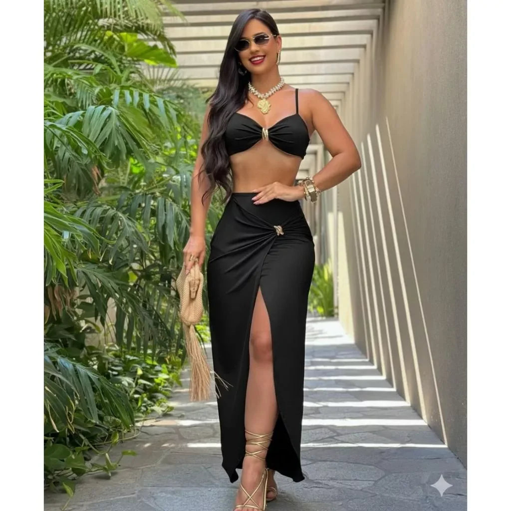 Conjunto Top Alcinha - Saia Midi - Fenda Lateral - Ferragem Dourada | Blogueira | Sensual - Moderno.