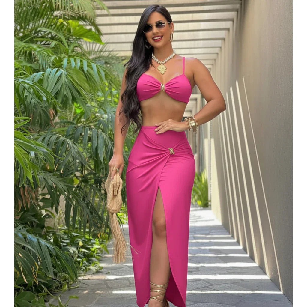 Conjunto Top Alcinha - Saia Midi - Fenda Lateral - Ferragem Dourada | Blogueira | Sensual - Moderno.