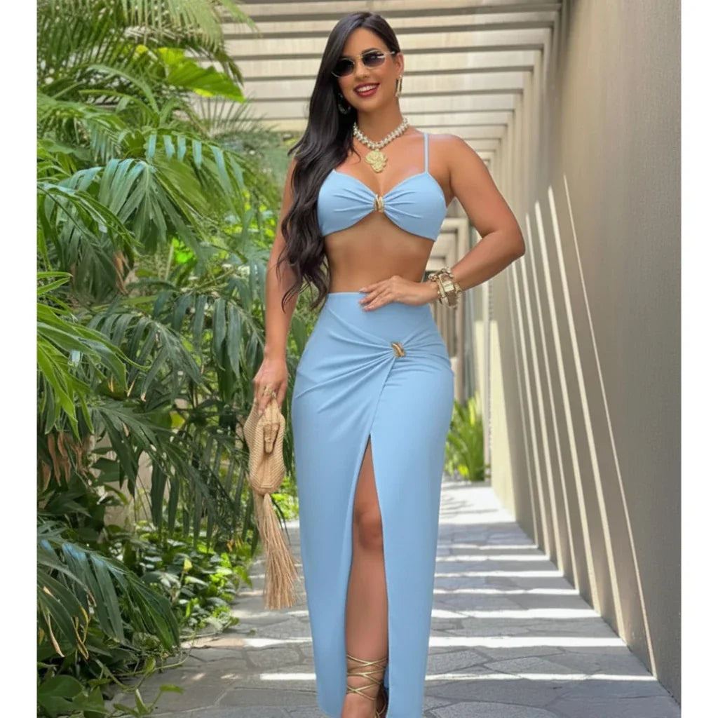 Conjunto Top Alcinha - Saia Midi - Fenda Lateral - Ferragem Dourada | Blogueira | Sensual - Moderno.