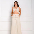 Conjunto Calça Pantalona com Bolso, Cintura Alta e Cropped Alça - Conjunto Dunas