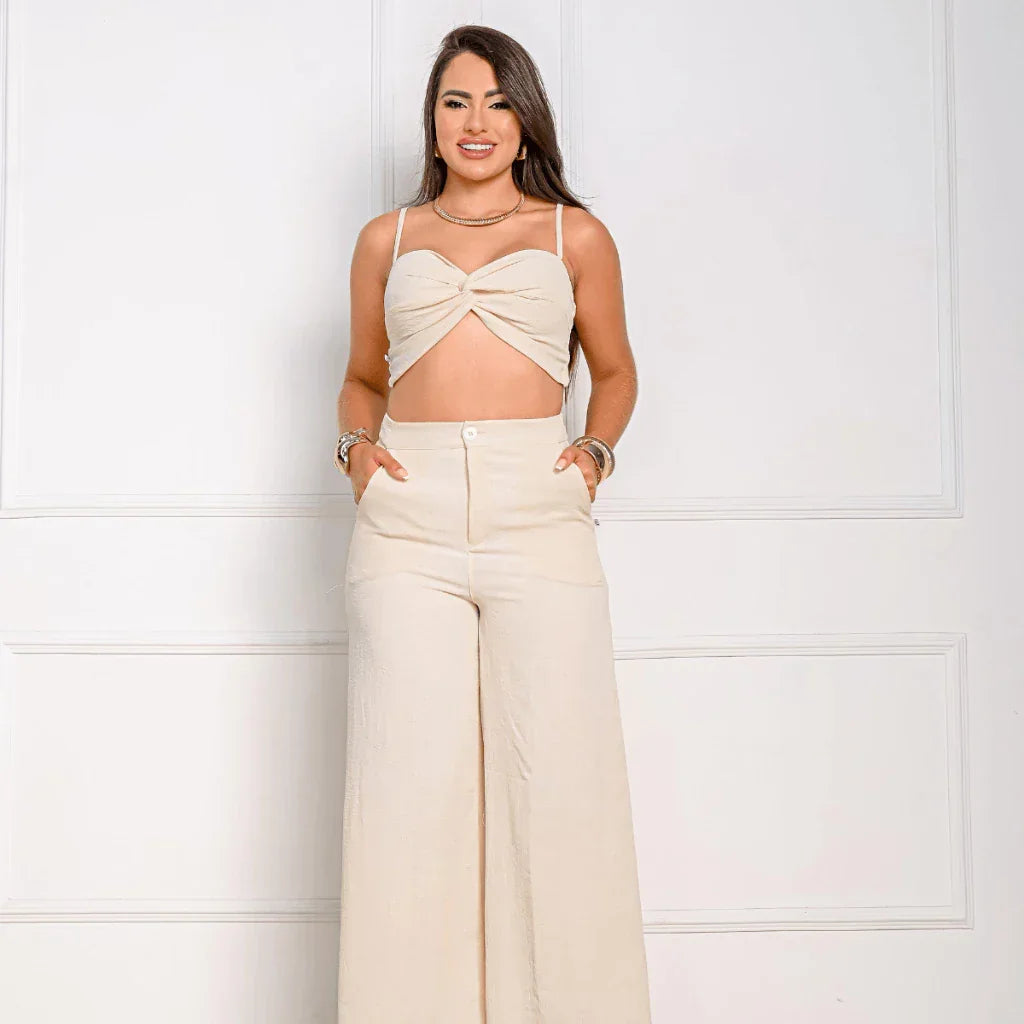 Conjunto Calça Pantalona com Bolso, Cintura Alta e Cropped Alça - Conjunto Dunas