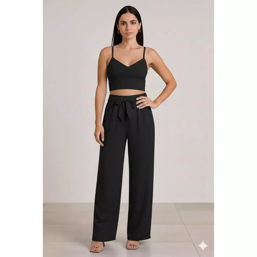 Conjunto Feminino Calça Pantalona e Cropped Com Bojo Alça Regulagem cropped e calça cores outono inverno