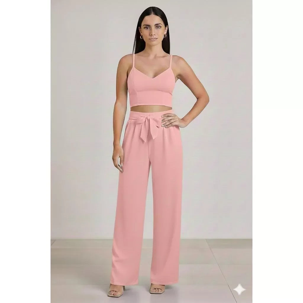 Conjunto Feminino Calça Pantalona e Cropped Com Bojo Alça Regulagem cropped e calça cores outono inverno